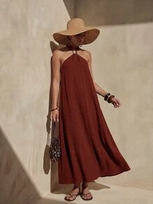 Zivah Golden Yellow Summer Casual Elegant Tropical Holiday Vacation Sleeveless Halter Ruched Metal Decor Linen Maxi Dress For Women Beach Party Wedding Boho - Redwood - View 3
