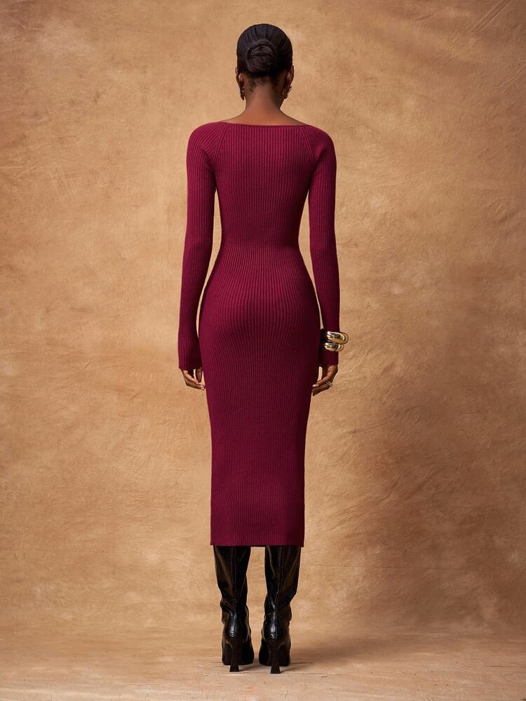 Zivah Women's Elegant Solid Color Fitted Knit Dress, Suitable For Commuting Autumn Winter - Burgundy - View 2