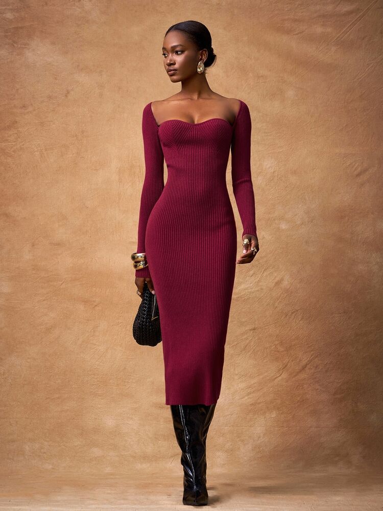 Zivah Women's Elegant Solid Color Fitted Knit Dress, Suitable For Commuting Autumn Winter - Burgundy - View 5