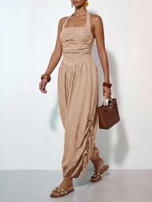 Zivah Women's Solid Color Backless Halter Neck Jumpsuit For Vacation Casual Boho Tropical Wear Beach Camel Summer - Khaki - View 8