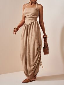 Zivah Women's Solid Color Backless Halter Neck Jumpsuit For Vacation Casual Boho Tropical Wear Beach Camel Summer - Khaki - View 13