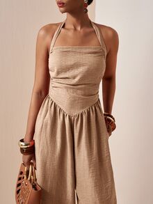 Zivah Women's Solid Color Backless Halter Neck Jumpsuit For Vacation Casual Boho Tropical Wear Beach Camel Summer - Khaki - View 15