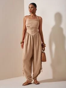 Zivah Women's Solid Color Backless Halter Neck Jumpsuit For Vacation Casual Boho Tropical Wear Beach Camel Summer - Khaki - View 14