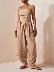 Zivah Women's Solid Color Backless Halter Neck Jumpsuit For Vacation Casual Boho Tropical Wear Beach Camel Summer - Khaki - View 12