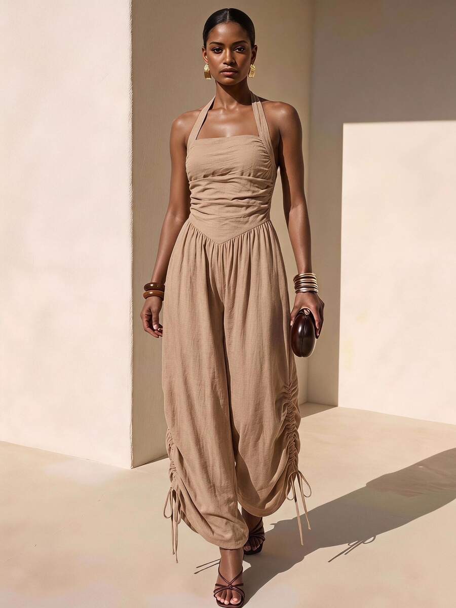 Zivah Women's Solid Color Backless Halter Neck Jumpsuit For Vacation Casual Boho Tropical Wear Beach Camel Summer - Khaki - View 1