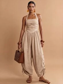 Zivah Women's Solid Color Backless Halter Neck Jumpsuit For Vacation Casual Boho Tropical Wear Beach Camel Summer - Khaki - View 9