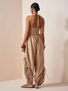 Zivah Women's Solid Color Backless Halter Neck Jumpsuit For Vacation Casual Boho Tropical Wear Beach Camel Summer - Khaki - View 11