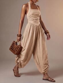 Zivah Women's Solid Color Backless Halter Neck Jumpsuit For Vacation Casual Boho Tropical Wear Beach Camel Summer - Khaki - View 5