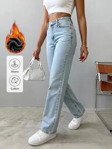 SHEIN بنطلون جينز أزرق فاتح بتأثير دافئ وغسيل ثلجي، خصر عالي، ستايل كاجوال، قصة عادية، بأزرار أمامية، ساق مستقيمة، للاستخدام اليومي والمدرسة - أزرق فاتح - مشاهدة 1