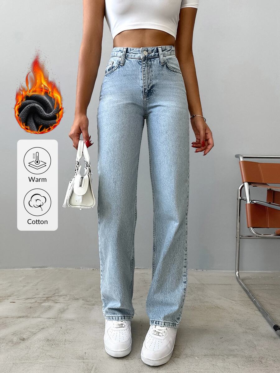SHEIN بنطلون جينز أزرق فاتح بتأثير دافئ وغسيل ثلجي، خصر عالي، ستايل كاجوال، قصة عادية، بأزرار أمامية، ساق مستقيمة، للاستخدام اليومي والمدرسة - أزرق فاتح - مشاهدة 1