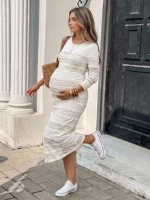 SHEIN Fall Maternity Round Neck Long Sleeve Multi-Layer Frill Trim Fitted Elegant Dress - Beige - View 3