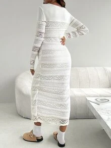 SHEIN Fall Maternity Round Neck Long Sleeve Multi-Layer Frill Trim Fitted Elegant Dress - Beige - View 4