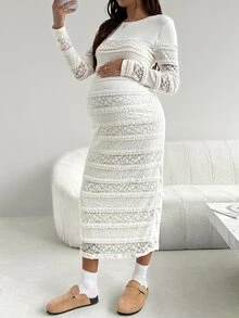 SHEIN Fall Maternity Round Neck Long Sleeve Multi-Layer Frill Trim Fitted Elegant Dress - Beige - View 9