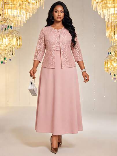 Fleurora Plus Size Light Pink Elegant 2 Pieces Set,Women's Formal Wear,Vintage Solid Color Business Professional Wedding Ninang Autumn Graduation Party Dress