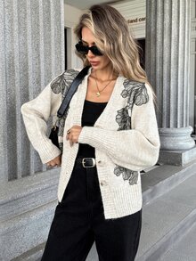 SHEIN Women's Long Sleeve Knitted Cardigan, Early Fall Brunch Black And White Checkered Boho - Apricot - View 6