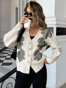 SHEIN Women's Long Sleeve Knitted Cardigan, Early Fall Brunch Black And White Checkered Boho - Apricot - View 3