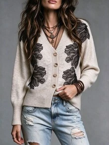 SHEIN Women's Long Sleeve Knitted Cardigan, Early Fall Brunch Black And White Checkered Boho - Apricot - View 8