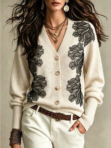 SHEIN Women's Long Sleeve Knitted Cardigan, Early Fall Brunch Black And White Checkered Boho - Apricot - View 9