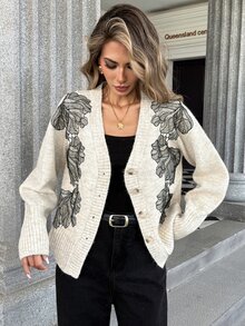 SHEIN Women's Long Sleeve Knitted Cardigan, Early Fall Brunch Black And White Checkered Boho - Apricot - View 4
