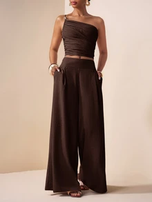 Zivah Music Festival Easter Valentine's Day Vacation European One-Shoulder Tank Top Wide-Leg Pants Dark Brown Linen Two Pieces Set Summer - Rust Brown - View 7