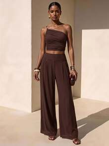 Zivah Music Festival Easter Valentine's Day Vacation European One-Shoulder Tank Top Wide-Leg Pants Dark Brown Linen Two Pieces Set Summer - Rust Brown - View 1
