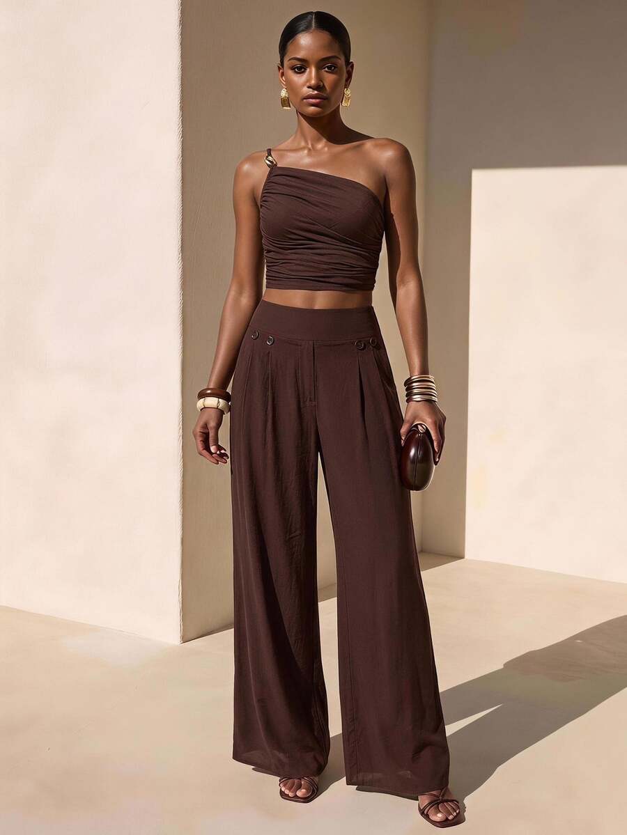 Zivah Music Festival Easter Valentine's Day Vacation European One-Shoulder Tank Top Wide-Leg Pants Dark Brown Linen Two Pieces Set Summer - Rust Brown - View 1