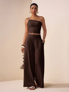 Zivah Music Festival Easter Valentine's Day Vacation European One-Shoulder Tank Top Wide-Leg Pants Dark Brown Linen Two Pieces Set Summer - Rust Brown - View 8