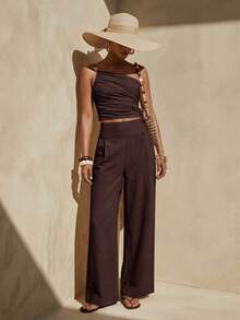 Zivah Music Festival Easter Valentine's Day Vacation European One-Shoulder Tank Top Wide-Leg Pants Dark Brown Linen Two Pieces Set Summer - Rust Brown - View 5