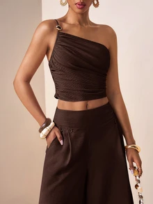 Zivah Music Festival Easter Valentine's Day Vacation European One-Shoulder Tank Top Wide-Leg Pants Dark Brown Linen Two Pieces Set Summer - Rust Brown - View 4