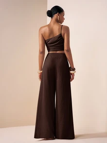 Zivah Music Festival Easter Valentine's Day Vacation European One-Shoulder Tank Top Wide-Leg Pants Dark Brown Linen Two Pieces Set Summer - Rust Brown - View 2