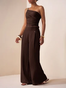 Zivah Music Festival Easter Valentine's Day Vacation European One-Shoulder Tank Top Wide-Leg Pants Dark Brown Linen Two Pieces Set Summer - Rust Brown - View 6