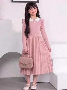 SHEIN 兒童青少年女孩秋冬拼色彼得潘領荷葉邊修身收腰喇叭袖鈕扣裝飾針織洋裝 粉色女孩毛衣洋裝 - 藕粉色 - 查看 2