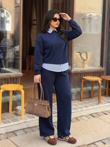Elaquor Plus Size Button Striped Patchwork 2 In 1 Sweatshirt And Pocket Long Pants Two Pieces Set Winter Casual Going Out Brunch Set For Women Fall/Winter - Navy Blue - View 4