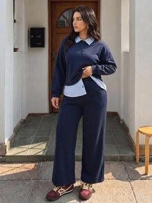 Elaquor Plus Size Button Striped Patchwork 2 In 1 Sweatshirt And Pocket Long Pants Two Pieces Set Winter Casual Going Out Brunch Set For Women Fall/Winter - Navy Blue - View 5