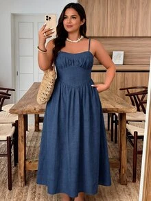 Weeklong Damen Große Größen Casual ärmelloses geraffte Taille A-Linie Urlaubskleid, Frühling/Sommer - Blau - Übersicht 1