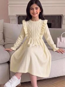 SHEIN Tween女孩休閒優雅荷葉邊扭結紋理針織長袖秋季洋裝 駝色童裝 - 駝色 - 查看 7