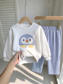 SHEIN Kids Young Boy Knitted Crew Neck Printed Casual Sweatshirt And Woven Striped Long Pants 2-Piece Set - Multicolor - View 4