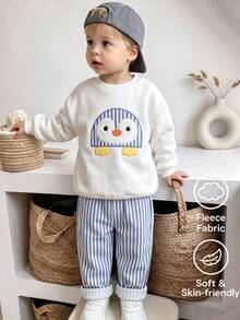 SHEIN Kids Young Boy Knitted Crew Neck Printed Casual Sweatshirt And Woven Striped Long Pants 2-Piece Set - Multicolor - View 3