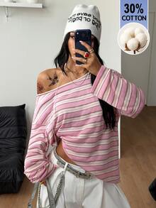 Coolane 女款秋冬四季休閒約會街頭風性感時尚復古日常穿著學院風 30%棉舒適粉色條紋露肩T恤 - 粉色 - 查看 3