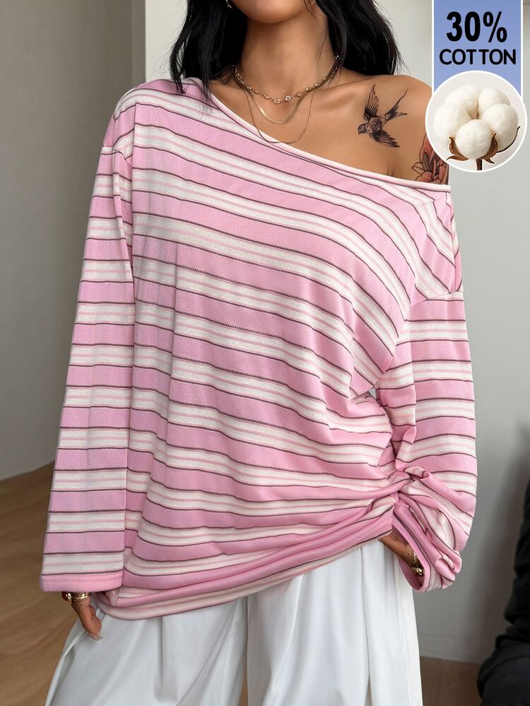 Coolane Women's Fall/Winter All-Season Casual Date Night Streetwear Sexy Chic Vintage Daily Wear Preppy 30%Cotton Comfy Pink Striped Off Shoulder T-Shirt - Pink - View 6