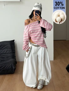 Coolane 女款秋冬四季休閒約會街頭風性感時尚復古日常穿著學院風 30%棉舒適粉色條紋露肩T恤 - 粉色 - 查看 2