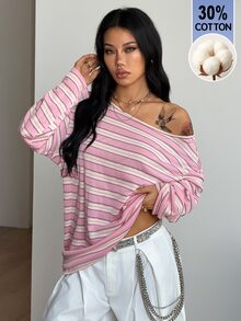 Coolane 女款秋冬四季休閒約會街頭風性感時尚復古日常穿著學院風 30%棉舒適粉色條紋露肩T恤 - 粉色 - 查看 5