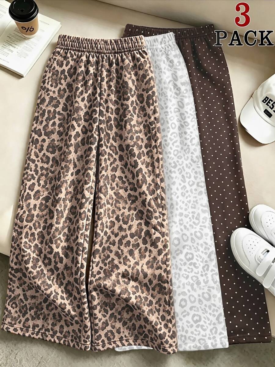 返校季萬聖節秋冬休閒時尚女童復古寬腿褲,豹紋與純色寬腿褲3件組,聖誕出遊長褲,百搭寬腿褲,秋冬青少年女孩褲,適合8-12歲女孩 - 粉色 - 查看 1