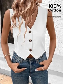 Easowa Blusa sin mangas de unicolor elegante y casual para oficina, tops sin mangas para oficina y negocios en blanco - Blanco - Ver 5