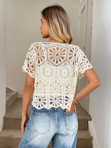 Easowa Vacation Casual Cottage Core Tropical Boho Solid Color Hollow Out Lace-Up Cardigan Country Concert Women Rave Top Summer Cream White Sequin Beach - White - View 4
