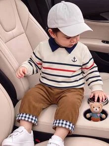 SHEIN Baby Boy Style Faux 2-Piece Set, Striped Half-Zip Pullover Autumn Top With Casual Patchwork Corduroy Thick Straight-Leg Pants, Suitable For Winter - Multicolor - View 9
