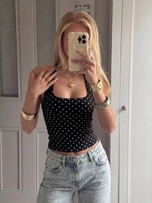 CovetEZ 黑白波點掛脖背心上衣，夏季日常修身無袖細肩帶背心，女款休閒法式70年代復古Y2K優雅約會風 - 彩色 - 查看 5