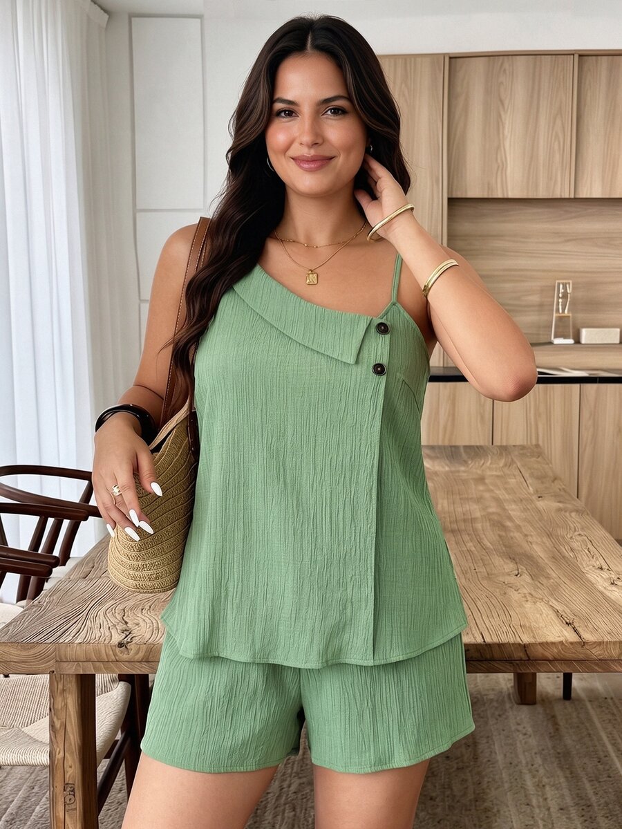 Weeklong Plus Size Women Casual Vacation Asymmetrical Neckline Contrast Button Decor Shorts 2 Pieces Set Elegant - Green - View 1