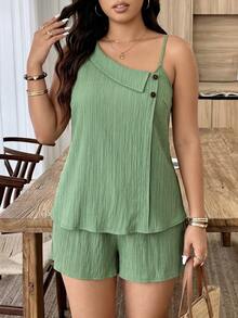 Weeklong Plus Size Women Casual Vacation Asymmetrical Neckline Contrast Button Decor Shorts 2 Pieces Set Elegant - Green - View 5