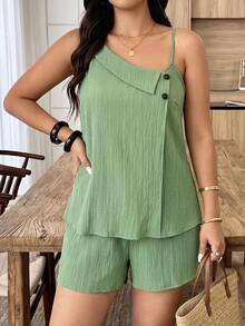 Weeklong Plus Size Women Casual Vacation Asymmetrical Neckline Contrast Button Decor Shorts 2 Pieces Set Elegant - Green - View 3